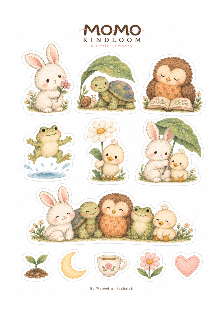 A Little Company: the original A4 sheet of 12 watercolor Momo Kindloom stickers