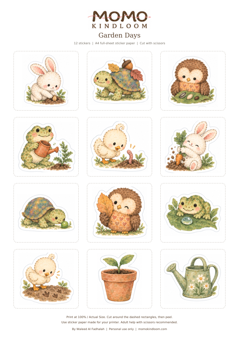 Garden Days: a complete A4 sheet of 12 watercolor Momo Kindloom stickers