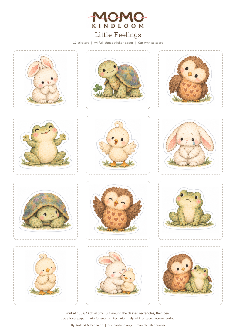 Little Feelings: a complete A4 sheet of 12 watercolor Momo Kindloom stickers