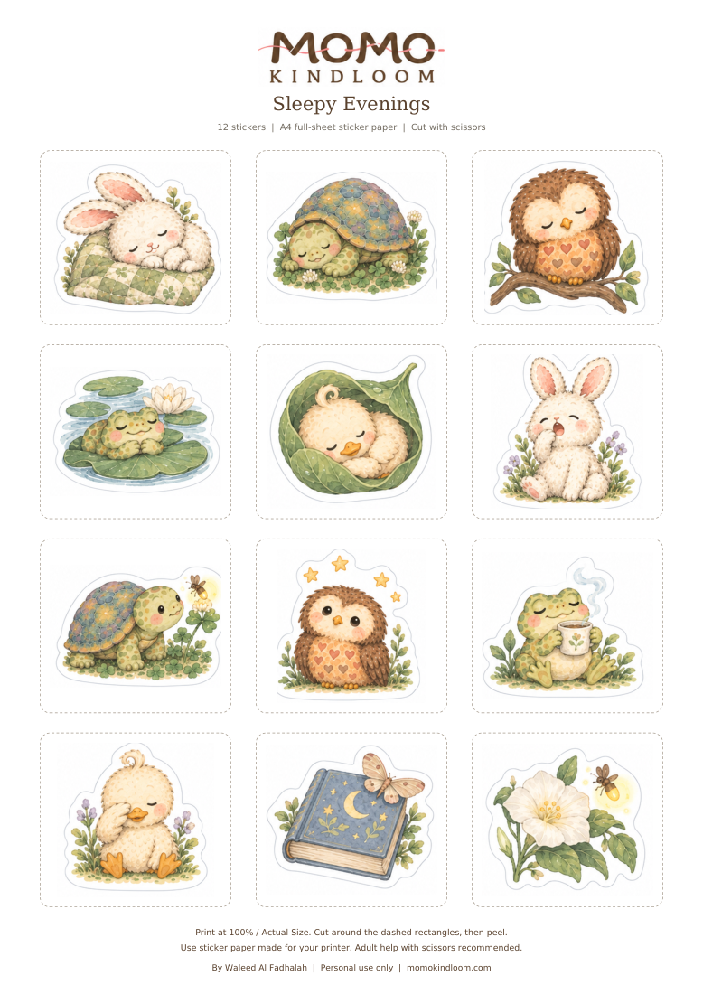 Sleepy Evenings: a complete A4 sheet of 12 watercolor Momo Kindloom stickers